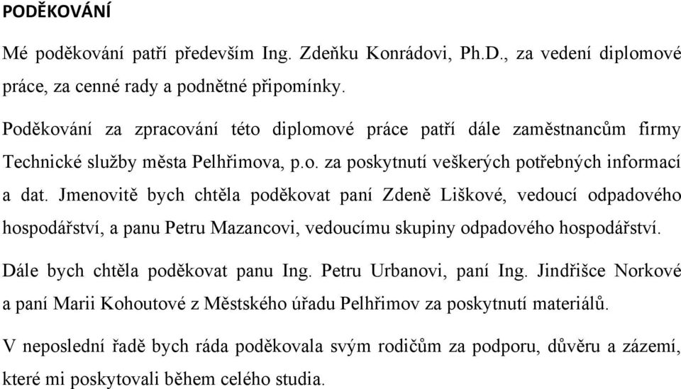 Jmenovitě bych chtěla poděkovat paní Zdeně Liškové, vedoucí odpadového hospodářství, a panu Petru Mazancovi, vedoucímu skupiny odpadového hospodářství.