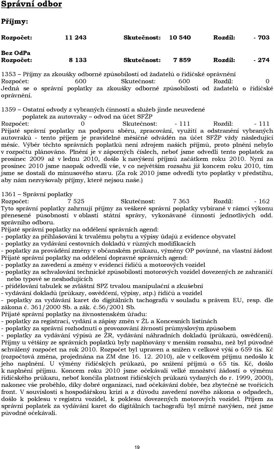 1359 Ostatní odvody z vybraných činností a služeb jinde neuvedené poplatek za autovraky odvod na účet SFŽP Rozpočet: 0 Skutečnost: - 111 Rozdíl: - 111 Přijaté správní poplatky na podporu sběru,