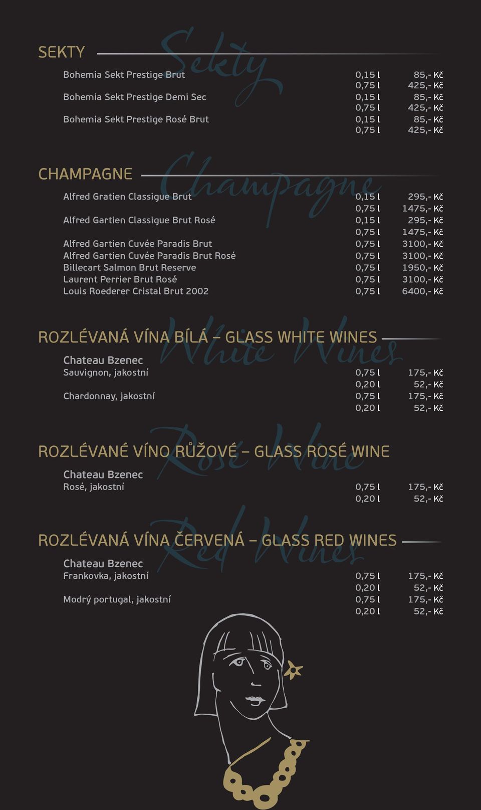 Kč Alfred Gartien Cuvée Paradis Brut Rosé 0,75 l 3100,- Kč Billecart Salmon Brut Reserve 0,75 l 1950,- Kč Laurent Perrier Brut Rosé 0,75 l 3100,- Kč Louis Roederer Cristal Brut 2002 0,75 l 6400,- Kč