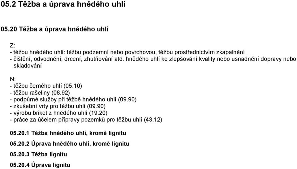 atd. hnědého uhlí ke zlepšování kvality nebo usnadnění dopravy nebo skladování - těžbu černého uhlí (05.10) - těžbu rašeliny (08.