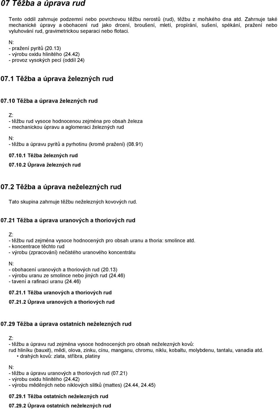 13) - výrobu oxidu hlinitého (24.42) - provoz vysokých pecí (oddíl 24) 07.1 Těžba a úprava železných rud 07.