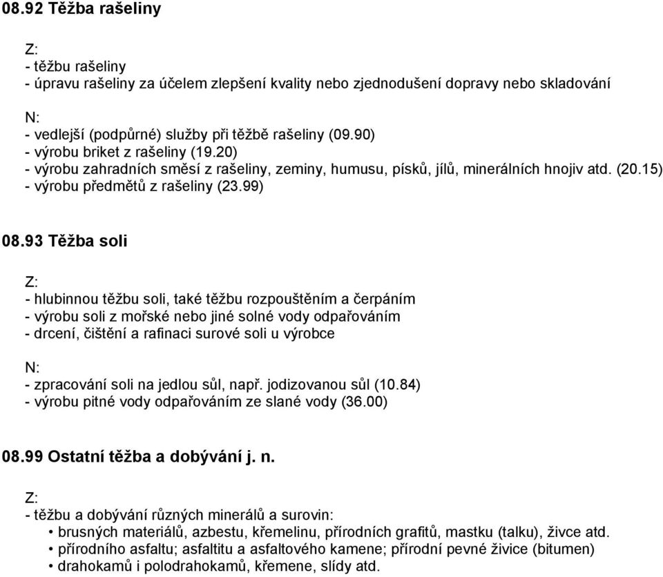 93 Těžba soli - hlubinnou těžbu soli, také těžbu rozpouštěním a čerpáním - výrobu soli z mořské nebo jiné solné vody odpařováním - drcení, čištění a rafinaci surové soli u výrobce - zpracování soli