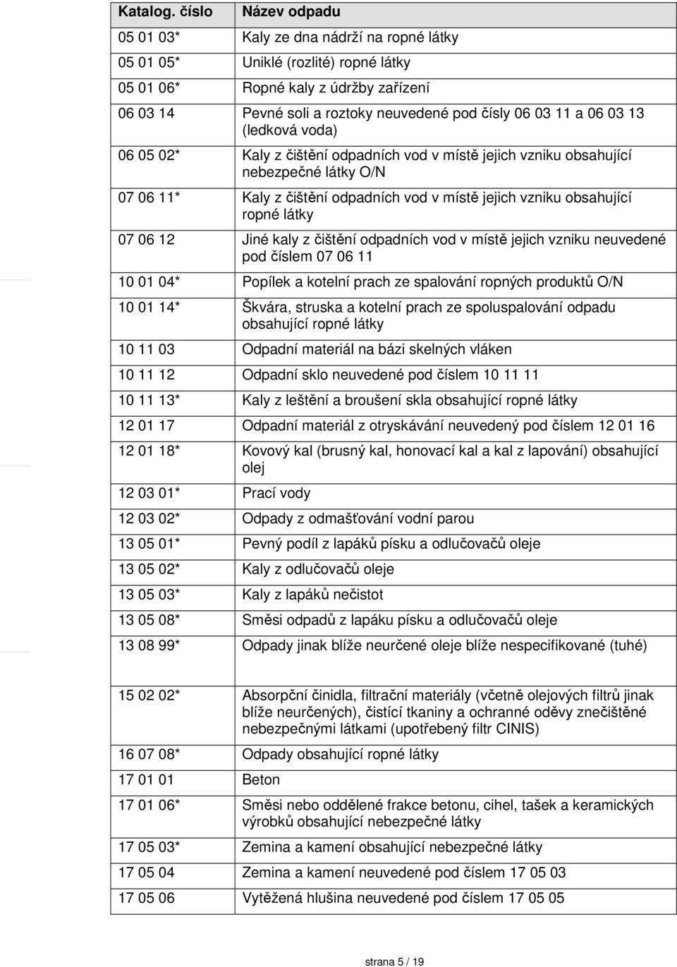 a 06 03 13 (ledková voda) 06 05 02* Kaly z čištění odpadních vod v místě jejich vzniku obsahující nebezpečné látky O/N 07 06 11* Kaly z čištění odpadních vod v místě jejich vzniku obsahující ropné