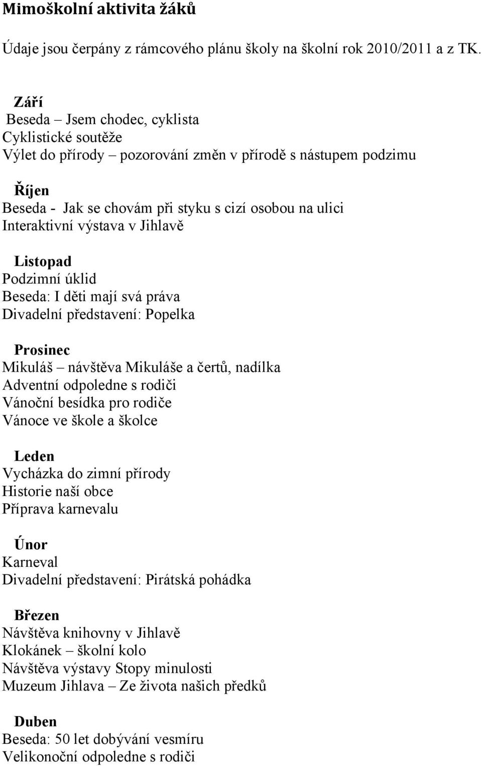 v Jihlavě Listopad Podzimní úklid Beseda: I děti mají svá práva Divadelní představení: Popelka Prosinec Mikuláš návštěva Mikuláše a čertů, nadílka Adventní odpoledne s rodiči Vánoční besídka pro