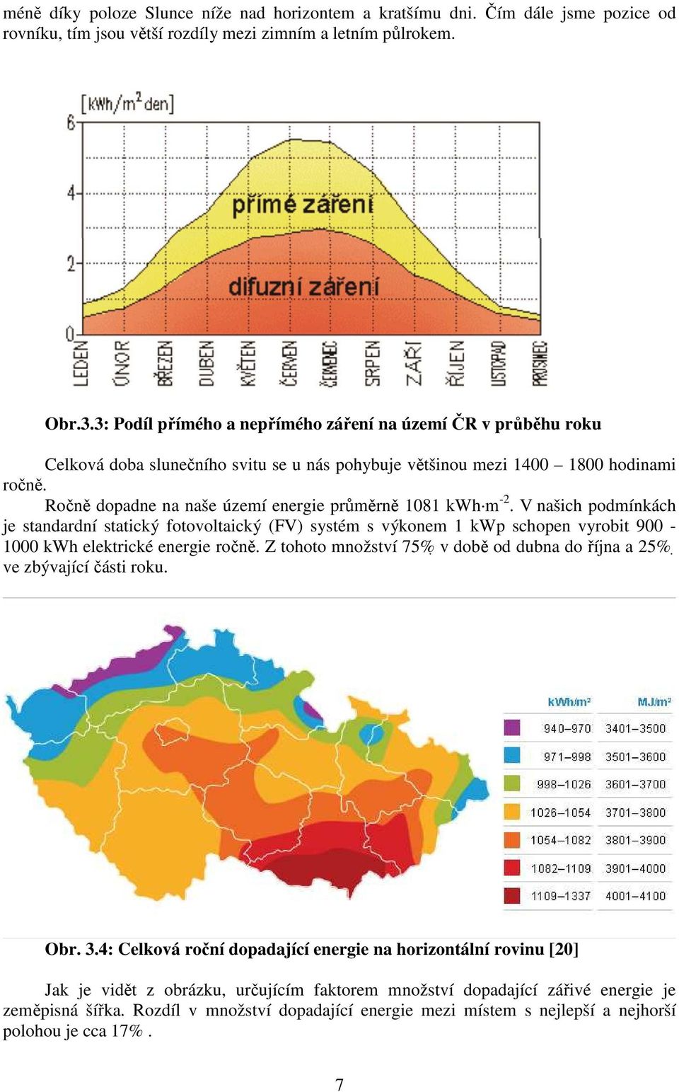 Ročně dopadne na naše území energie průměrně 1081 kwh m -2. V našich podmínkách je standardní statický fotovoltaický (FV) systém s výkonem 1 kwp schopen vyrobit 900-1000 kwh elektrické energie ročně.