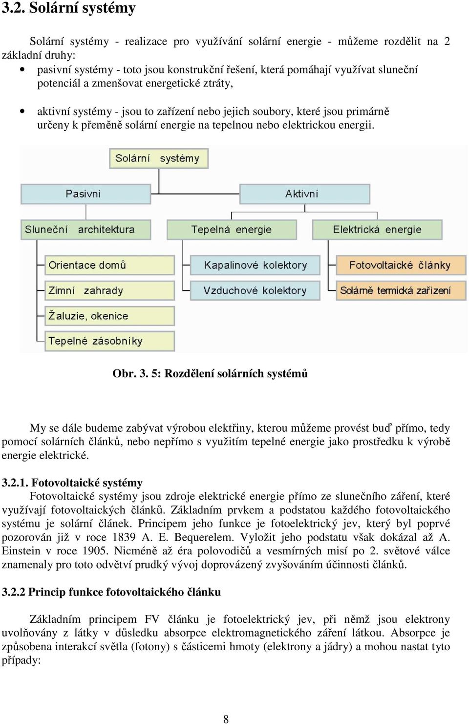 5: Rozdělení solárních systémů My se dále budeme zabývat výrobou elektřiny, kterou můžeme provést buď přímo, tedy pomocí solárních článků, nebo nepřímo s využitím tepelné energie jako prostředku k