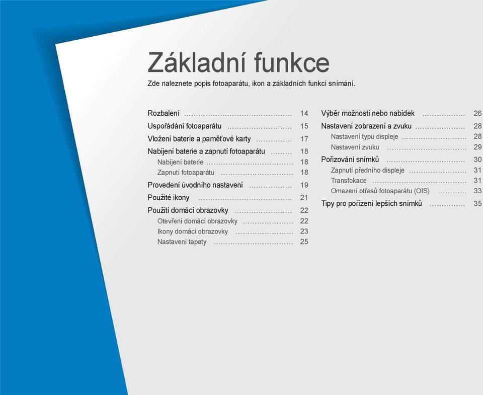 Provedení úvodního nastavení 19 Použité ikony 21 Použití domácí obrazovky 22 Otevření domácí obrazovky 22 Ikony domácí obrazovky 23 Nastavení tapety 25 Výběr