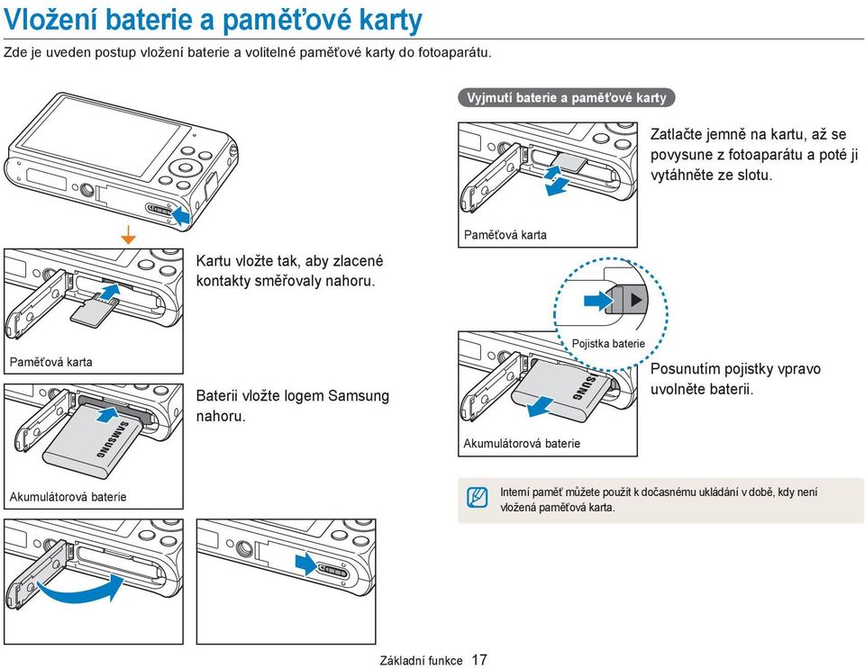 Kartu vložte tak, aby zlacené kontakty směřovaly nahoru. Paměťová karta Paměťová karta Baterii vložte logem Samsung nahoru.