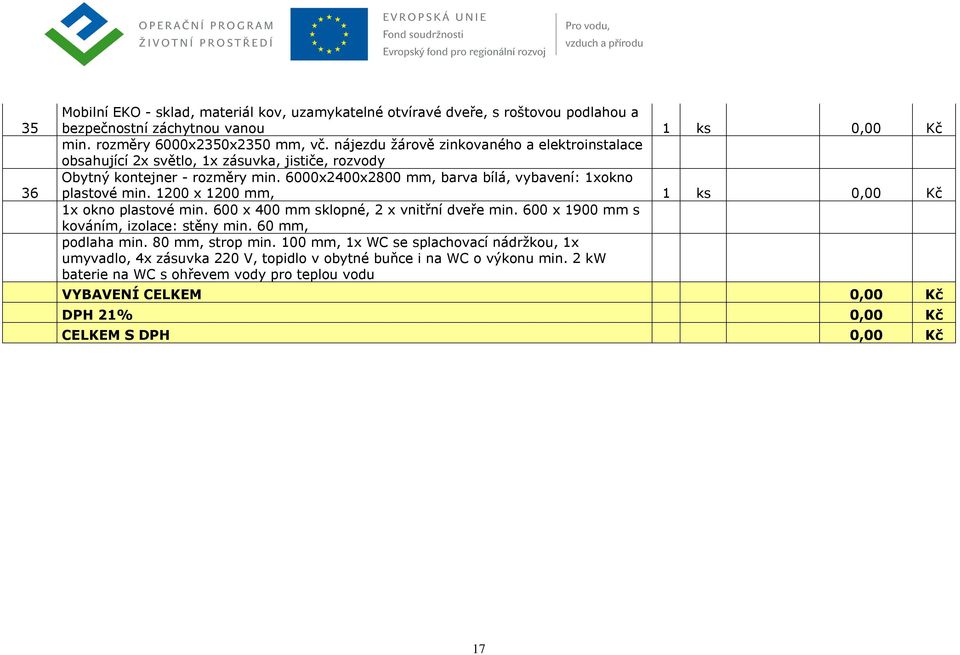 1200 x 1200 mm, 1 ks 0,00 Kč 1x okno plastové min. 600 x 400 mm sklopné, 2 x vnitřní dveře min. 600 x 1900 mm s kováním, izolace: stěny min. 60 mm, podlaha min. 80 mm, strop min.