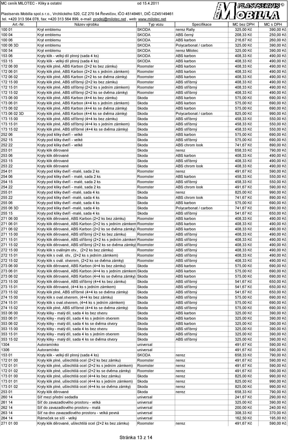 carbon 100 54 Kryt emblemu SKODA nerez Milotec 153 06 Kryty klik - velký díl plnný (sada 4 ks) SKODA ABS karbon 408,33 Kč 490,00 Kč 153 15 Kryty klik - velký díl plnný (sada 4 ks) SKODA ABS karbon