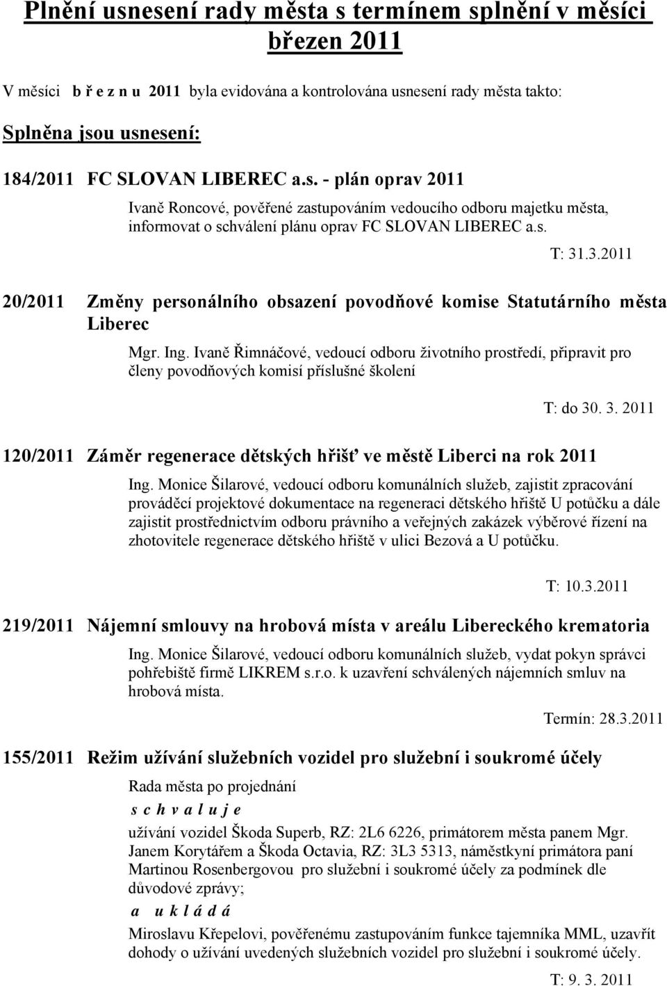 .3.2011 20/2011 Změny personálního obsazení povodňové komise Statutárního města Liberec Mgr. Ing.