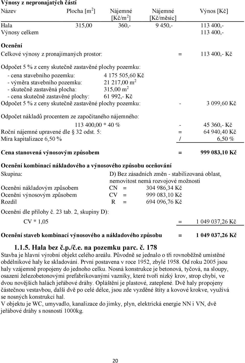 m 2 - cena skutečně zastavěné plochy: 61 992,- Kč Odpočet 5 % z ceny skutečně zastavěné plochy pozemku: - 3 099,60 Kč Odpočet nákladů procentem ze započítaného nájemného: 113 400,00 * 40 % - 45 360,-