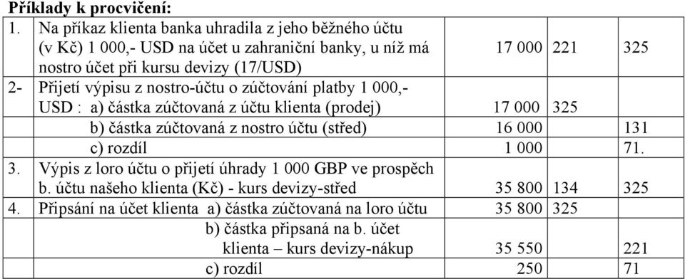 Přijetí výpisu z nostro-účtu o zúčtování platby 1 000,- USD : a) částka zúčtovaná z účtu klienta (prodej) 17 000 325 b) částka zúčtovaná z nostro účtu (střed) 16