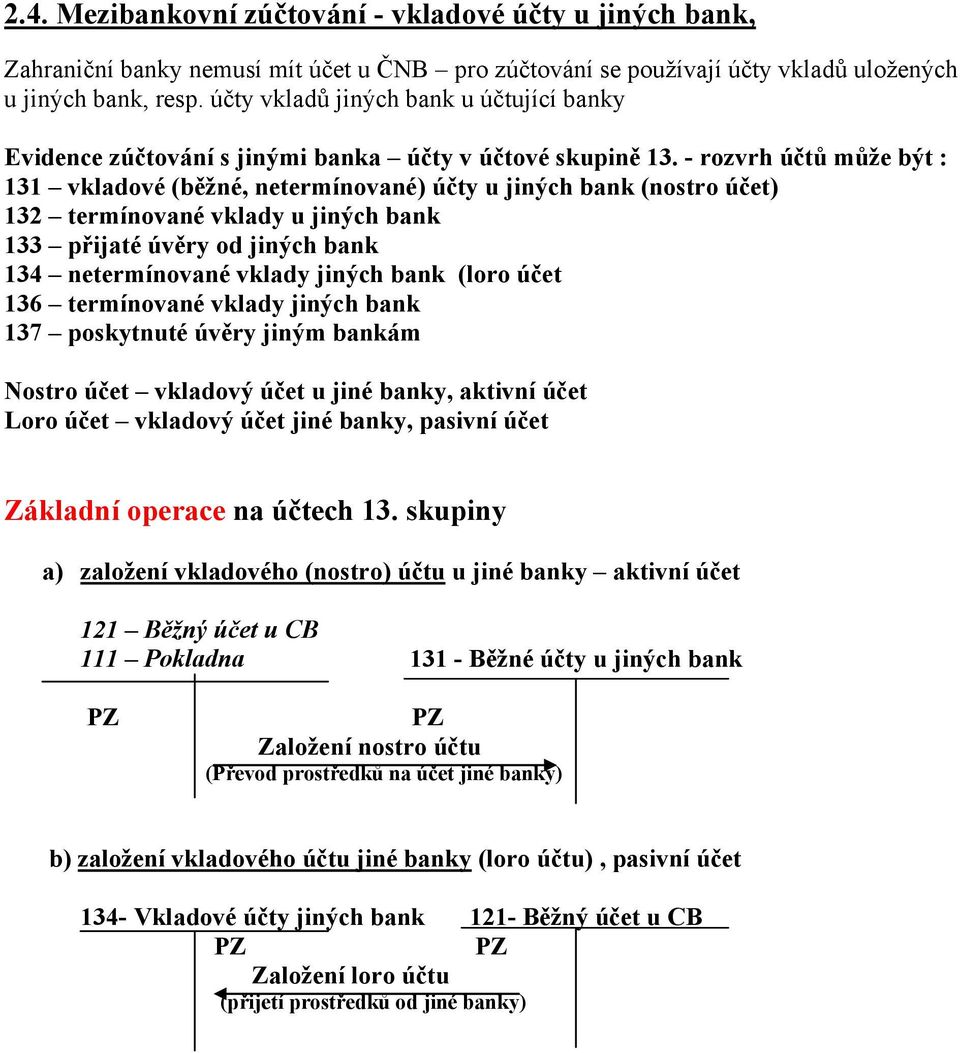 - rozvrh účtů může být : 131 vkladové (běžné, netermínované) účty u jiných bank (nostro účet) 132 termínované vklady u jiných bank 133 přijaté úvěry od jiných bank 134 netermínované vklady jiných