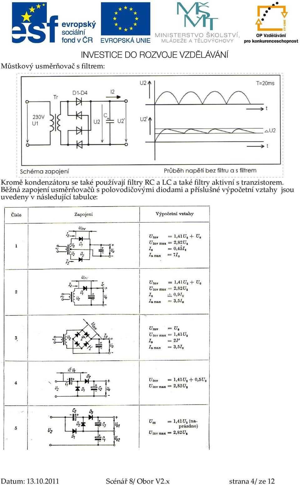 Běžná zapojení usměrňovačů s polovodičovými diodami a příslušné