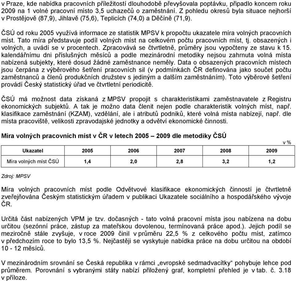 ČSÚ od roku 2005 využívá informace ze statistik MPSV k propočtu ukazatele míra volných pracovních míst. Tato míra představuje podíl volných míst na celkovém počtu pracovních míst, tj.