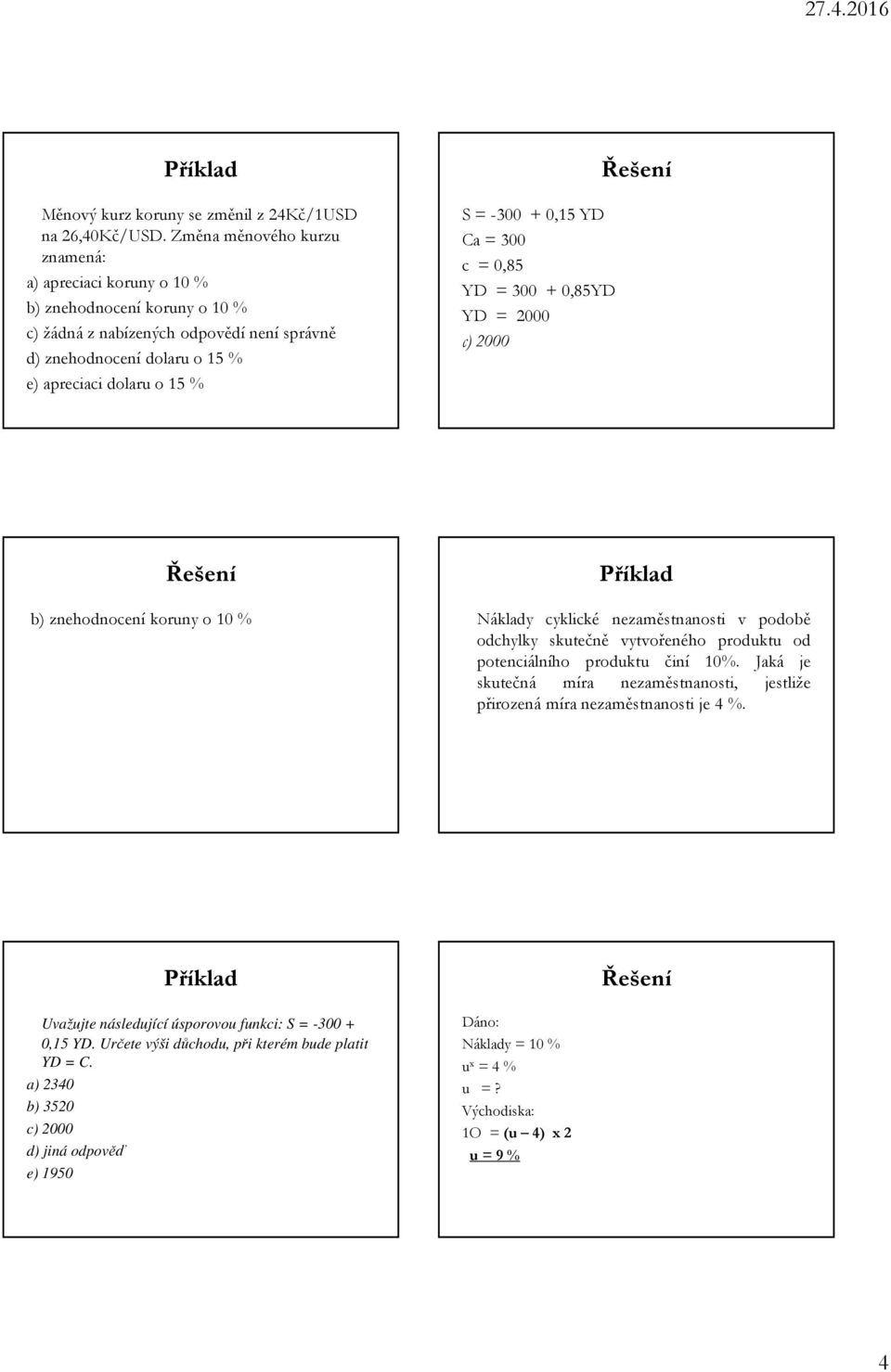 -300 + 0,15 YD Ca = 300 c = 0,85 YD = 300 + 0,85YD YD = 2000 c) 2000 b) znehodnocení koruny o 10 % Náklady cyklické nezaměstnanosti v podobě odchylky skutečně vytvořeného produktu od