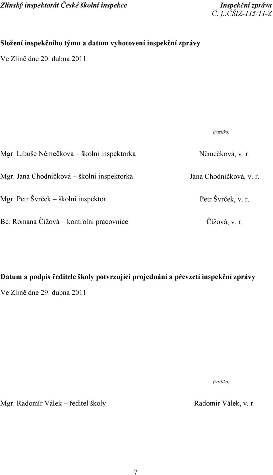 r. Bc. Romana Čížová kontrolní pracovnice Čížová, v. r.