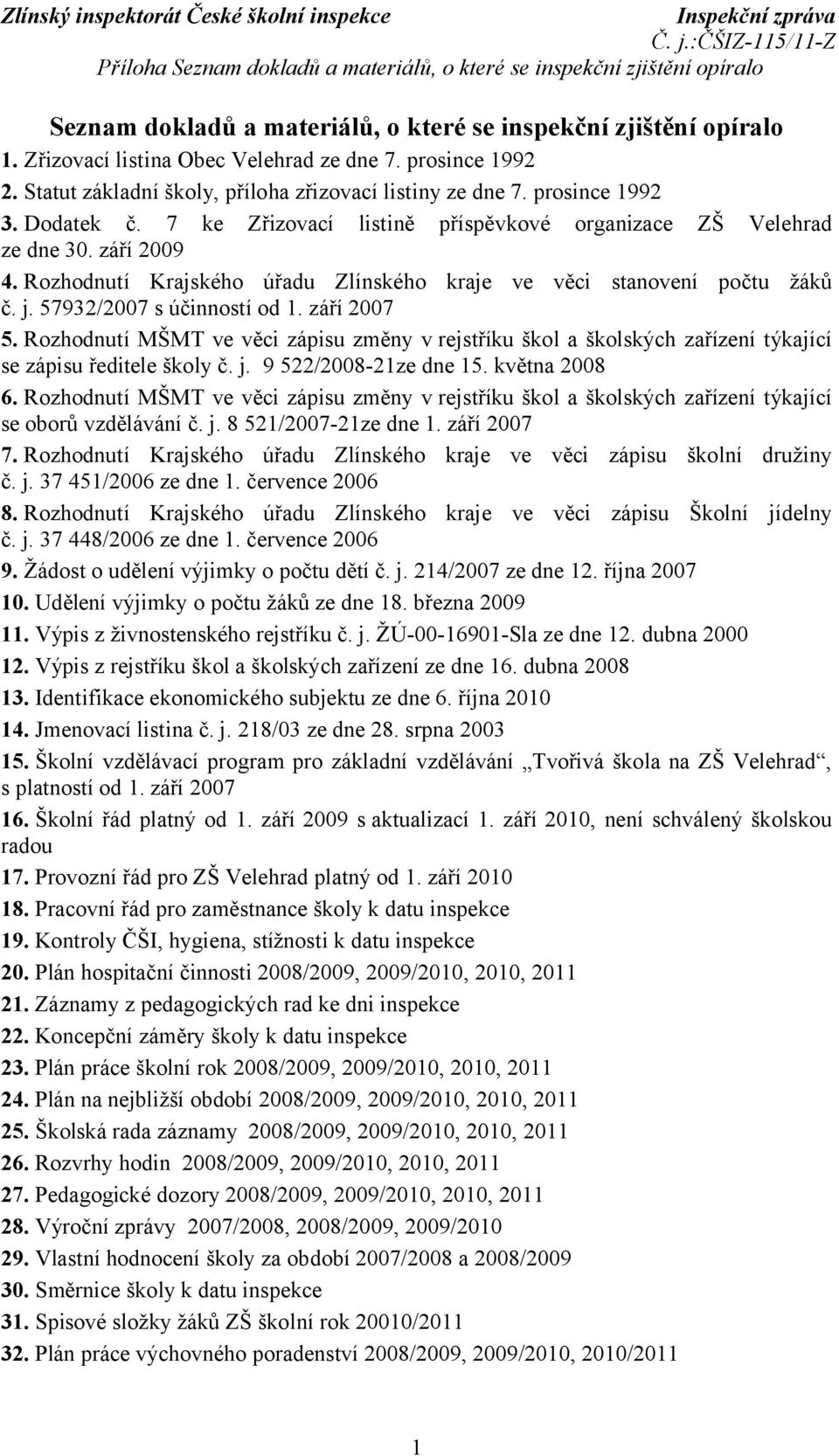 Rozhodnutí Krajského úřadu Zlínského kraje ve věci stanovení počtu žáků č. j. 57932/2007 s účinností od 1. září 2007 5.