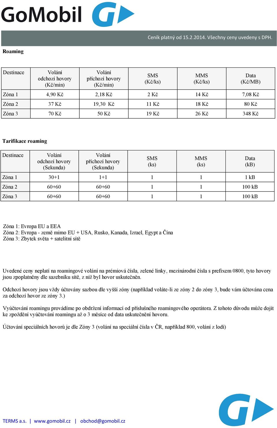 (ks) Data (kb) Zóna 1: Evropa EU a EEA Zóna 2: Evropa - země mimo EU + USA, Rusko, Kanada, Izrael, Egypt a Čína Zóna 3: Zbytek světa + satelitní sítě Uvedené ceny neplatí na roamingové volání na