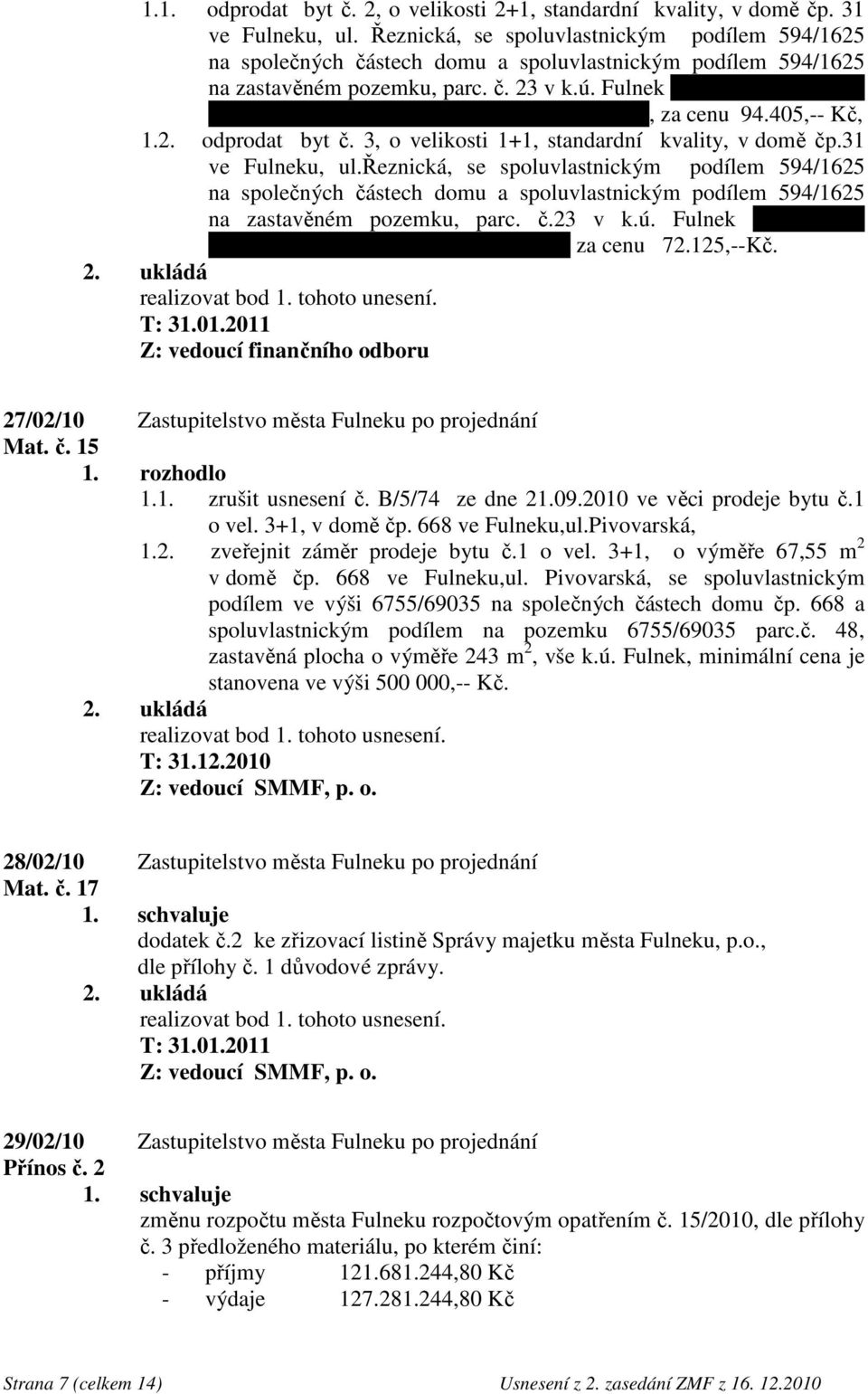 Fulnek manželům Miroslavu a Nadi Bandurovým,bytem Fulnek, Řeznická 31, za cenu 94.405,-- Kč, 1.2. odprodat byt č. 3, o velikosti 1+1, standardní kvality, v domě čp.31 ve Fulneku, ul.