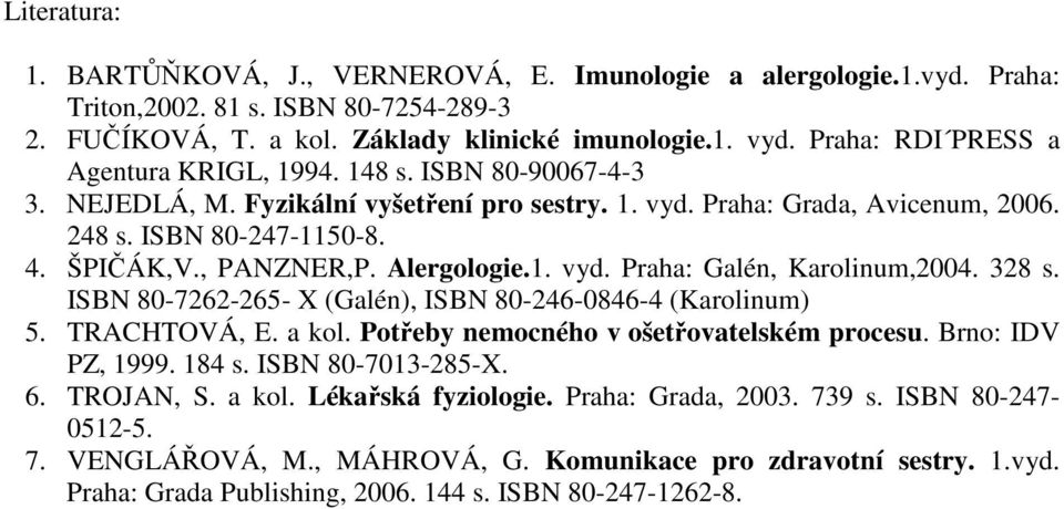 , PANZNER,P. Alergologie.1. vyd. Praha: Galén, Karolinum,2004. 328 s. ISBN 80-7262-265- X (Galén), ISBN 80-246-0846-4 (Karolinum) 5. TRACHTOVÁ, E. a kol. Potřeby nemocného v ošetřovatelském procesu.