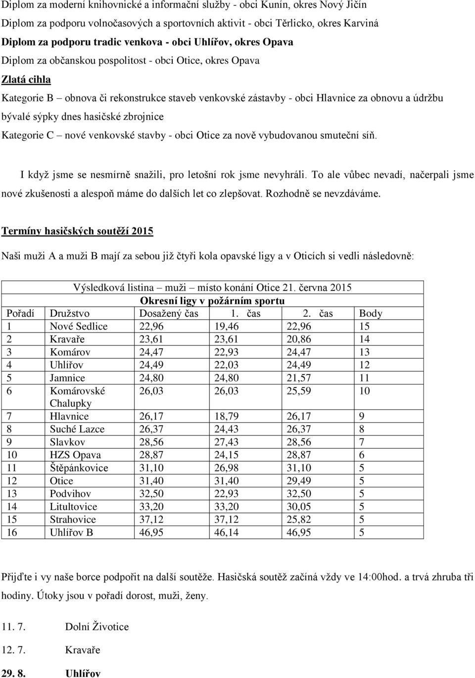 bývalé sýpky dnes hasičské zbrojnice Kategorie C nové venkovské stavby - obci Otice za nově vybudovanou smuteční síň. I když jsme se nesmírně snažili, pro letošní rok jsme nevyhráli.