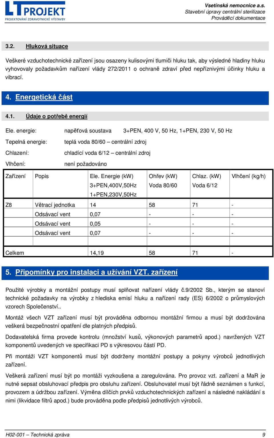 energie: napěťová soustava 3+PEN, 400 V, 50 Hz, 1+PEN, 230 V, 50 Hz Tepelná energie: Chlazení: Vlhčení: teplá voda 80/60 centrální zdroj chladící voda 6/12 centrální zdroj není požadováno Zařízení