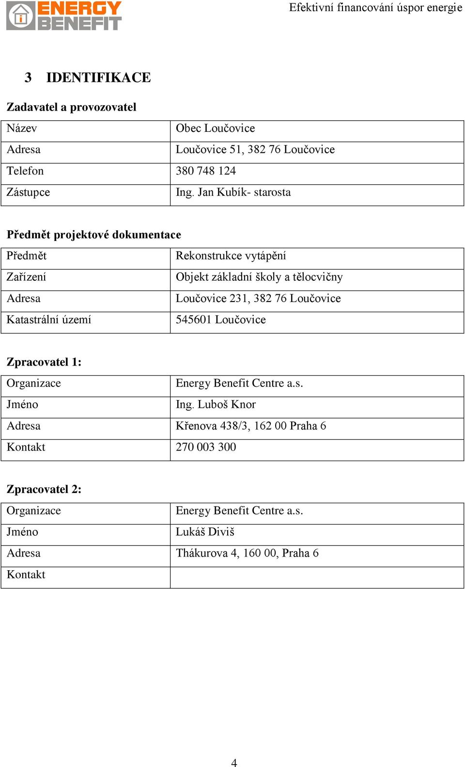 231, 382 76 Loučovice Katastrální území 545601 Loučovice Zpracovatel 1: Organizace Energy Benefit Centre a.s. Jméno Ing.