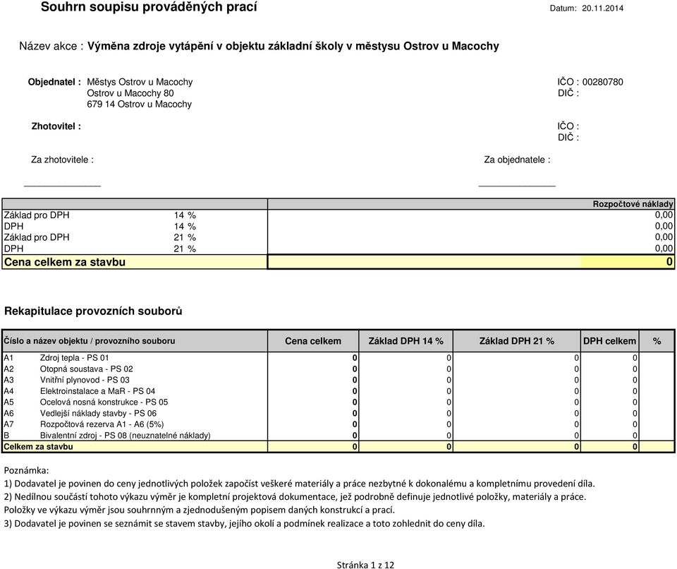 provozních souborů Číslo a název objektu / provozního souboru Cena celkem Základ DPH 14 % Základ DPH 21 % DPH celkem % A1 Zdroj tepla - PS 01 0 0 0 0 A2 Otopná soustava - PS 02 0 0 0 0 A3 Vnitřní