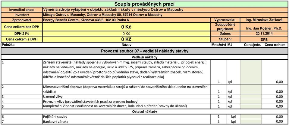 DPH 21% Provozní soubor 07 - vedlejší náklady stavby Vedlejší náklady 1 Zařízení staveniště (náklady spojené s vybudováním hyg.