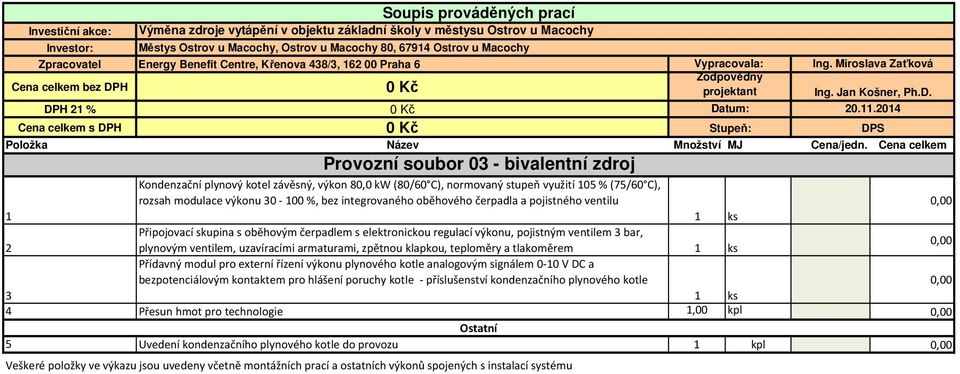 DPH 21 % Provozní soubor 03 - bivalentní zdroj Kondenzační plynový kotel závěsný, výkon 80,0 kw (80/60 C), normovaný stupeň využití 105 %(75/60 C), rozsah modulace výkonu 30-100 %, bez integrovaného