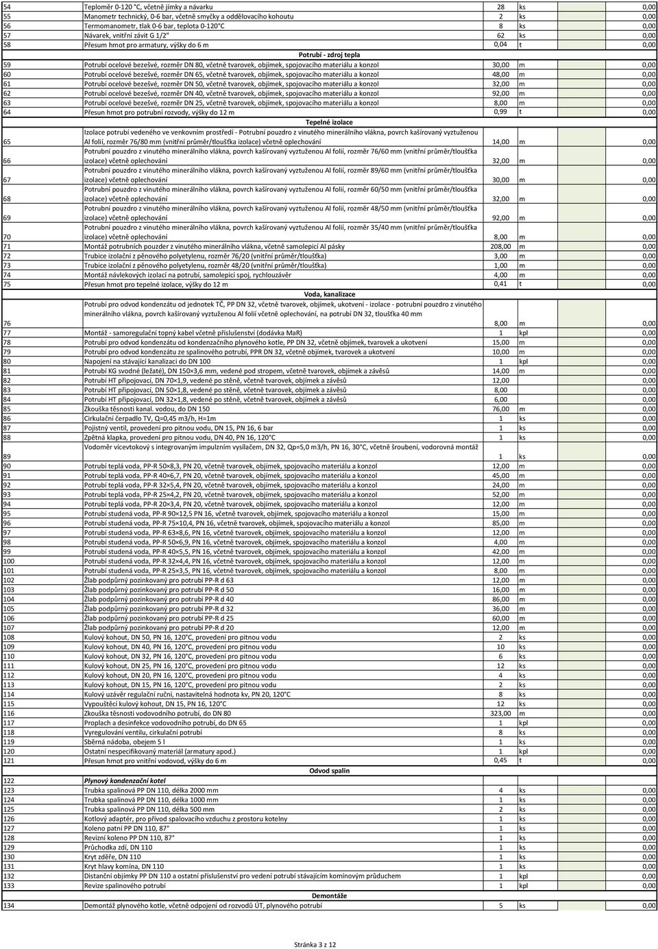 Potrubí ocelové bezešvé, rozměr DN 65, včetně tvarovek, objímek, spojovacího materiálu a konzol 48,00 m 61 Potrubí ocelové bezešvé, rozměr DN 50, včetně tvarovek, objímek, spojovacího materiálu a