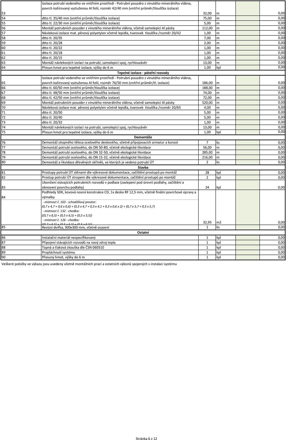 22/30 mm (vnitřní průměr/tloušťka izolace) 5,00 m 56 Montáž potrubních pouzder z vinutého minerálního vlákna, včetně samolepicí Al pásky 112,00 m 57 Návleková izolace mat.