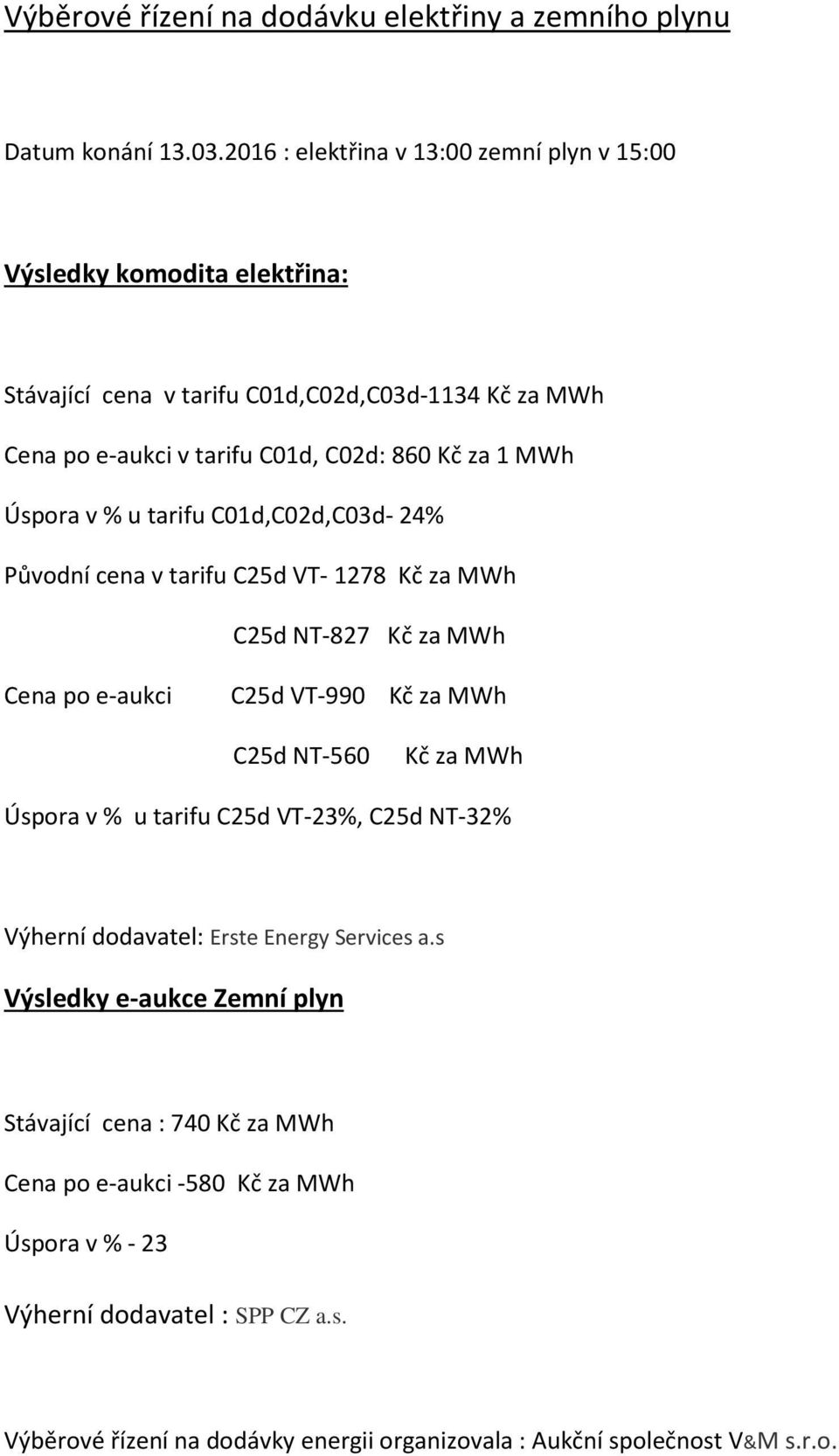 Úspora v % u tarifu C01d,C02d,C03d- 24% Původní cena v tarifu C25d VT- 1278 Kč za MWh C25d NT-827 Kč za MWh Cena po e-aukci C25d VT-990 Kč za MWh C25d NT-560 Kč za MWh Úspora v % u