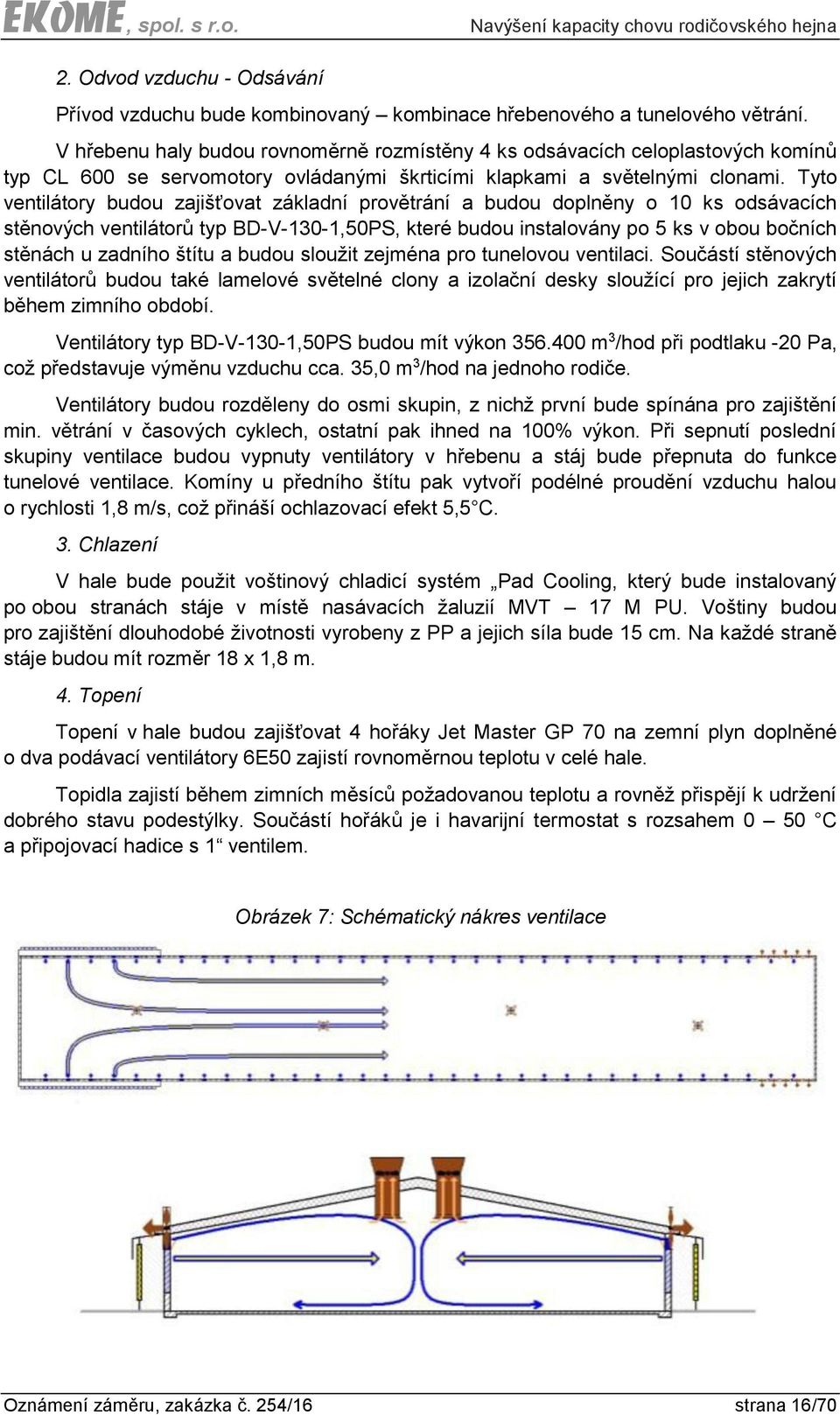 Tyto ventilátory budou zajišťovat základní provětrání a budou doplněny o 10 ks odsávacích stěnových ventilátorů typ BD-V-130-1,50PS, které budou instalovány po 5 ks v obou bočních stěnách u zadního