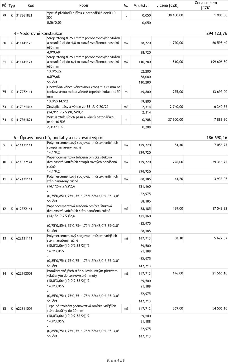 598,40 4,0*9,68 38,720 Strop Ytong tl 250 mm z pórobetonových vložek 81 K 411141124 a nosníků dl do 6,4 m osová vzdálenost nosníků 680 mm m2 110,280 1 810,00 199 606,80 10,0*5,22 6,0*9,68 52,200