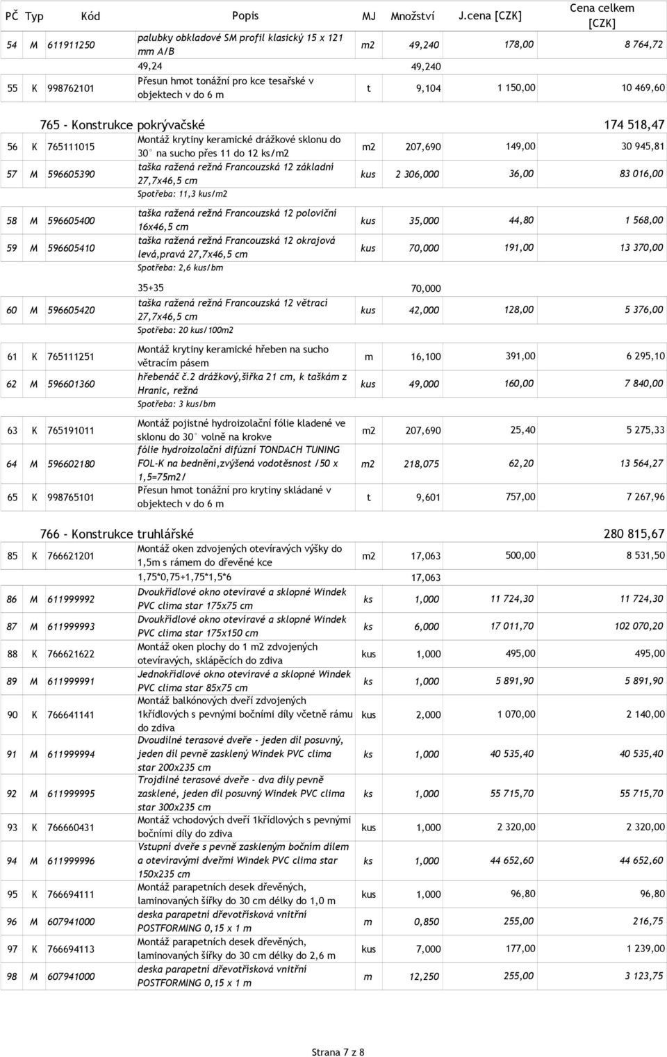 11,3 kus/m2 58 M 596605400 taška ražená režná Francouzská 12 poloviční 16x46,5 cm kus 35,000 59 M 596605410 taška ražená režná Francouzská 12 okrajová levá,pravá 27,7x46,5 cm kus 70,000 Spotřeba: 2,6