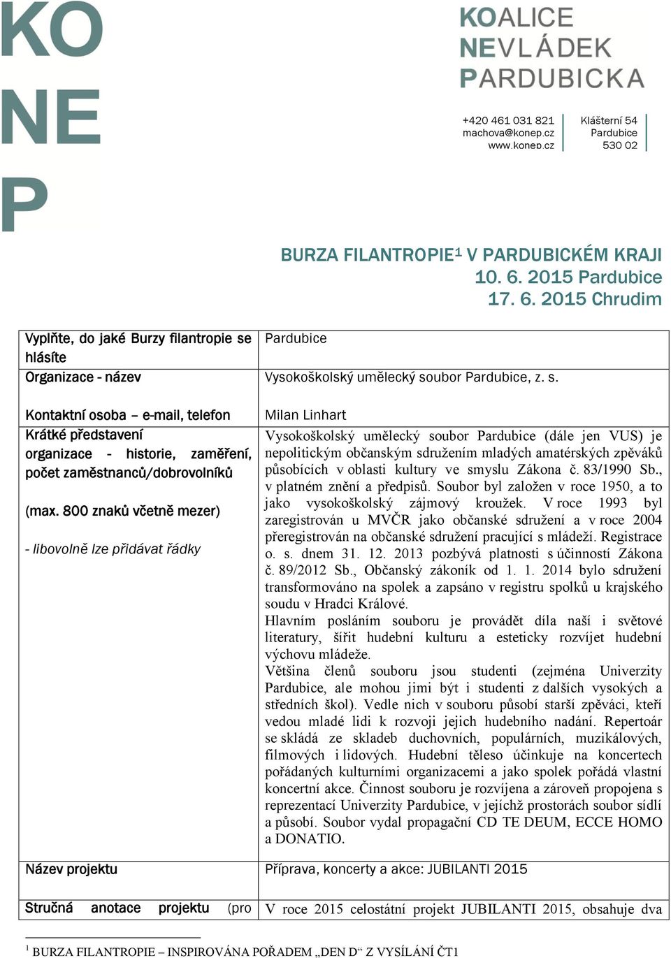 2015 Chrudim Vyplňte, do jaké Burzy filantropie se hlásíte Organizace - název Kontaktní osoba e-mail, telefon Krátké představení organizace - historie, zaměření, počet zaměstnanců/dobrovolníků (max.