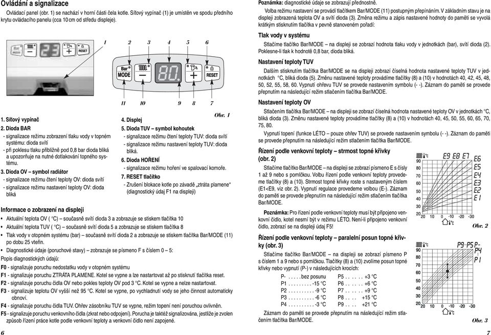 Dioda BAR - signalizace režimu zobrazení tlaku vody v topném systému: dioda svítí - při poklesu tlaku přibližně pod 0,8 bar dioda bliká a upozorňuje na nutné dotlakování topného systému. 3.