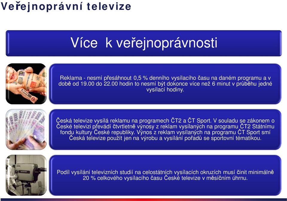 V souladu se zákonem o České televizi převádí čtvrtletně výnosy z reklam vysílaných na programu ČT2 Státnímu fondu kultury České republiky.