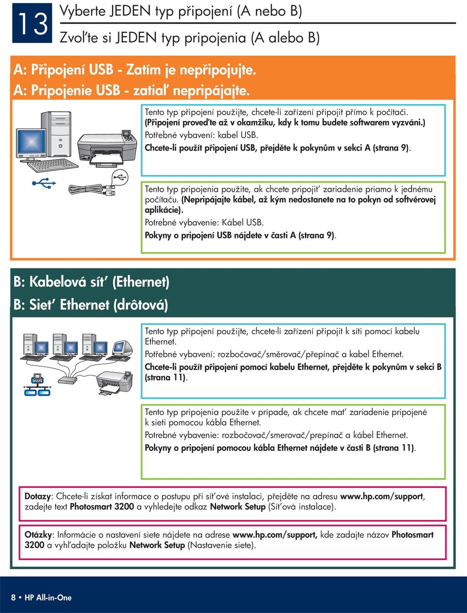 Chcete-li použít p ipojení USB, p ejd te k pokyn m v sekci A (strana 9). Tento typ pripojenia použite, ak chcete pripoji t zariadenie priamo k jednému počítaču.