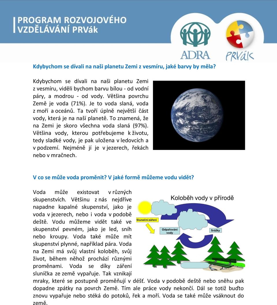 Většina vody, kterou potřebujeme k životu, tedy sladké vody, je pak uložena v ledovcích a v podzemí. Nejméně jí je v jezerech, řekách nebo v mračnech. V co se může voda proměnit?