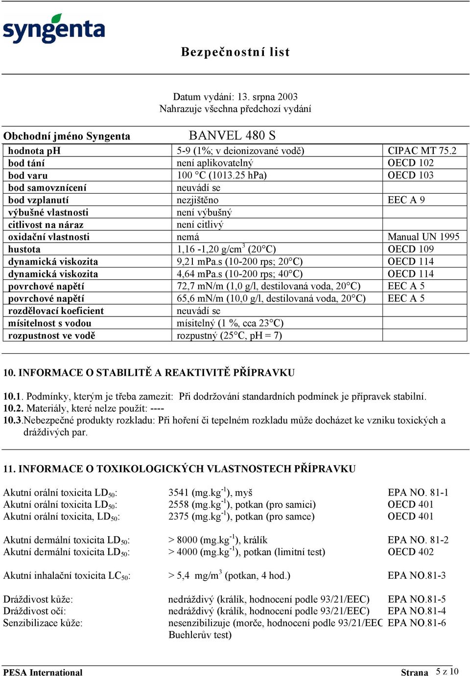 g/cm 3 (20 C) OECD 109 dynamická viskozita 9,21 mpa.s (10-200 rps; 20 C) OECD 114 dynamická viskozita 4,64 mpa.