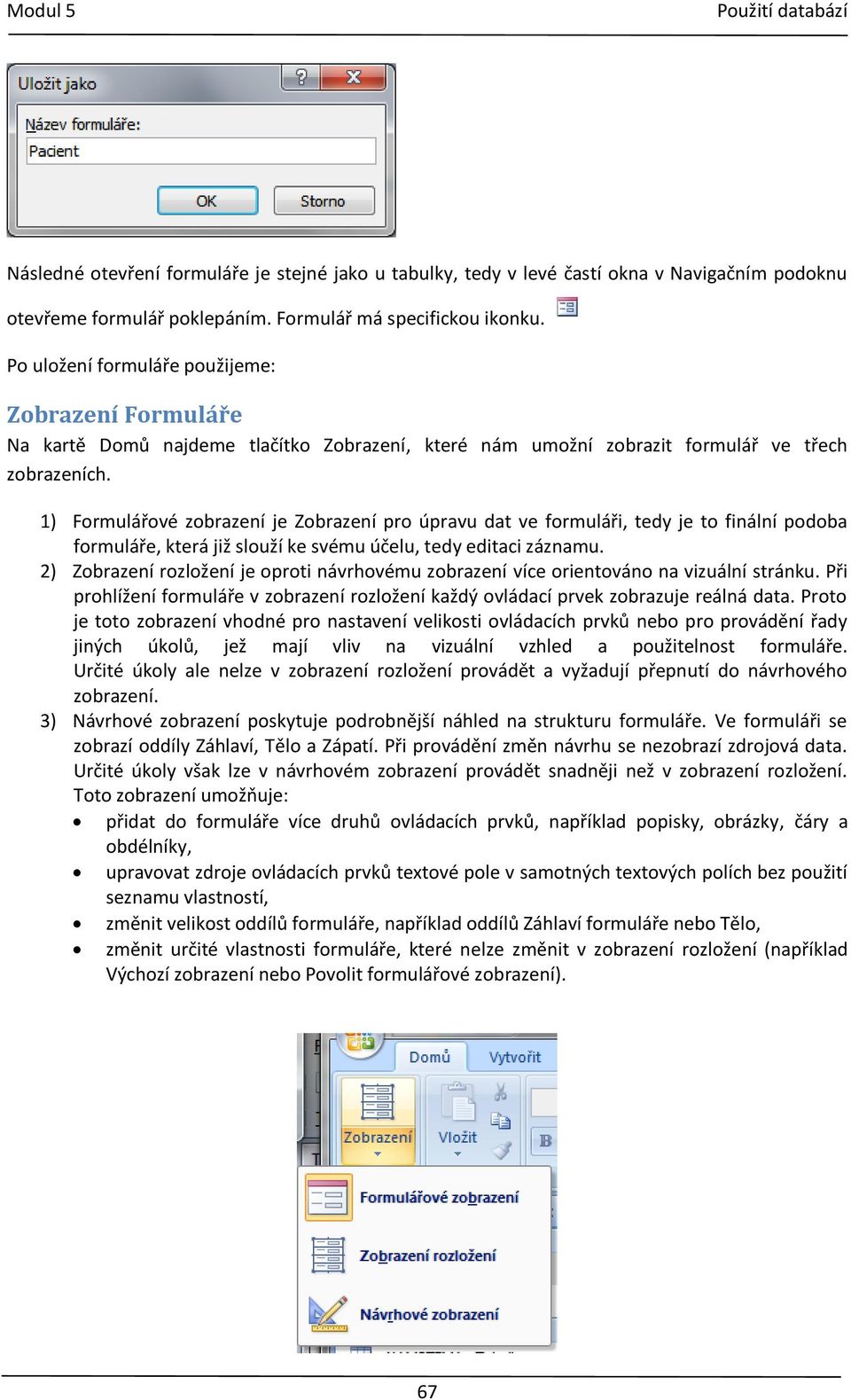 1) Formulářové zobrazení je Zobrazení pro úpravu dat ve formuláři, tedy je to finální podoba formuláře, která již slouží ke svému účelu, tedy editaci záznamu.