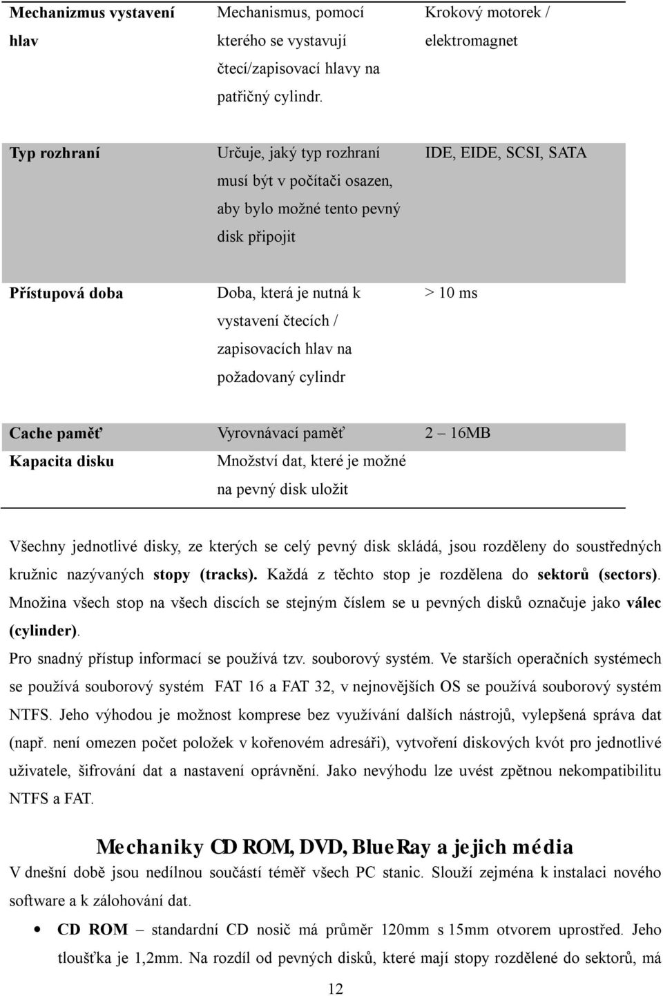 k vystavení čtecích / zapisovacích hlav na požadovaný cylindr > 10 ms Cache paměť Vyrovnávací paměť 2 16MB Kapacita disku Množství dat, které je možné na pevný disk uložit Všechny jednotlivé disky,