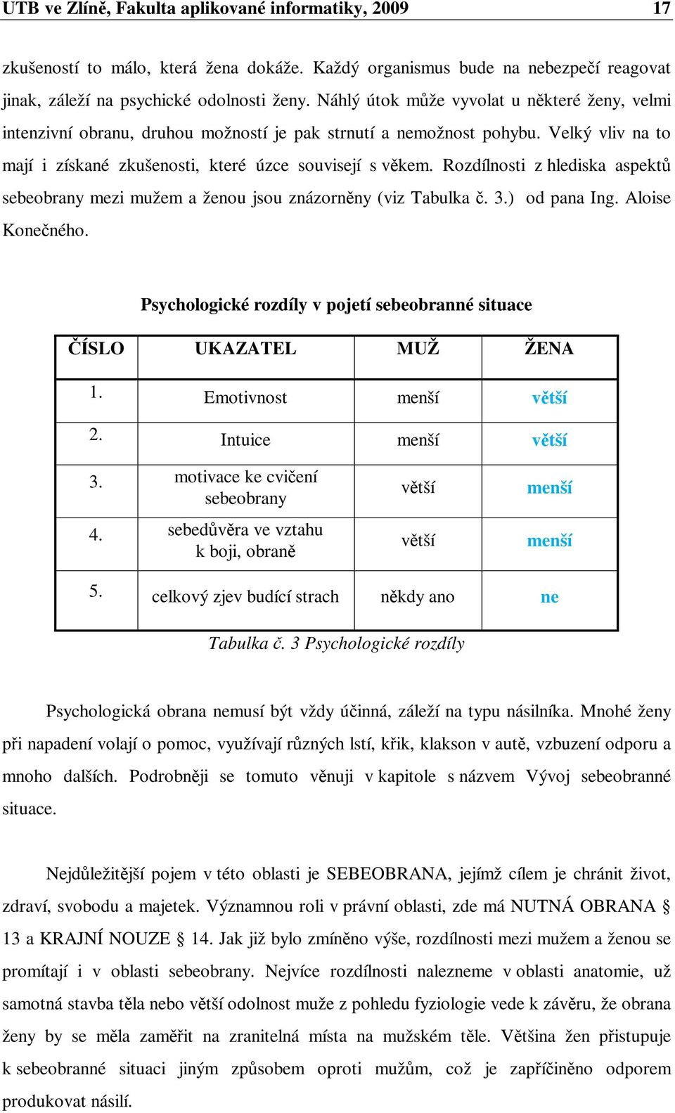Rozdílnosti z hlediska aspekt sebeobrany mezi mužem a ženou jsou znázornny (viz Tabulka. 3.) od pana Ing. Aloise Koneného. Psychologické rozdíly v pojetí sebeobranné situace ÍSLO UKAZATEL MUŽ ŽENA 1.