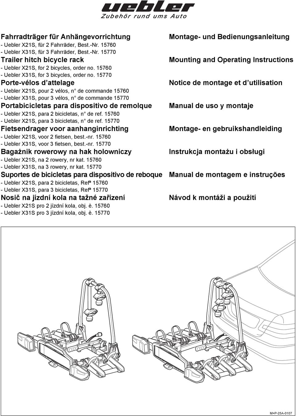 5770 Porte-vélos d attelage - Uebler X2S, pour 2 vélos, n de commande 570 - Uebler X3S, pour 3 vélos, n de commande 5770 Portabicicletas para dispositivo de remolque - Uebler X2S, para 2 bicicletas,