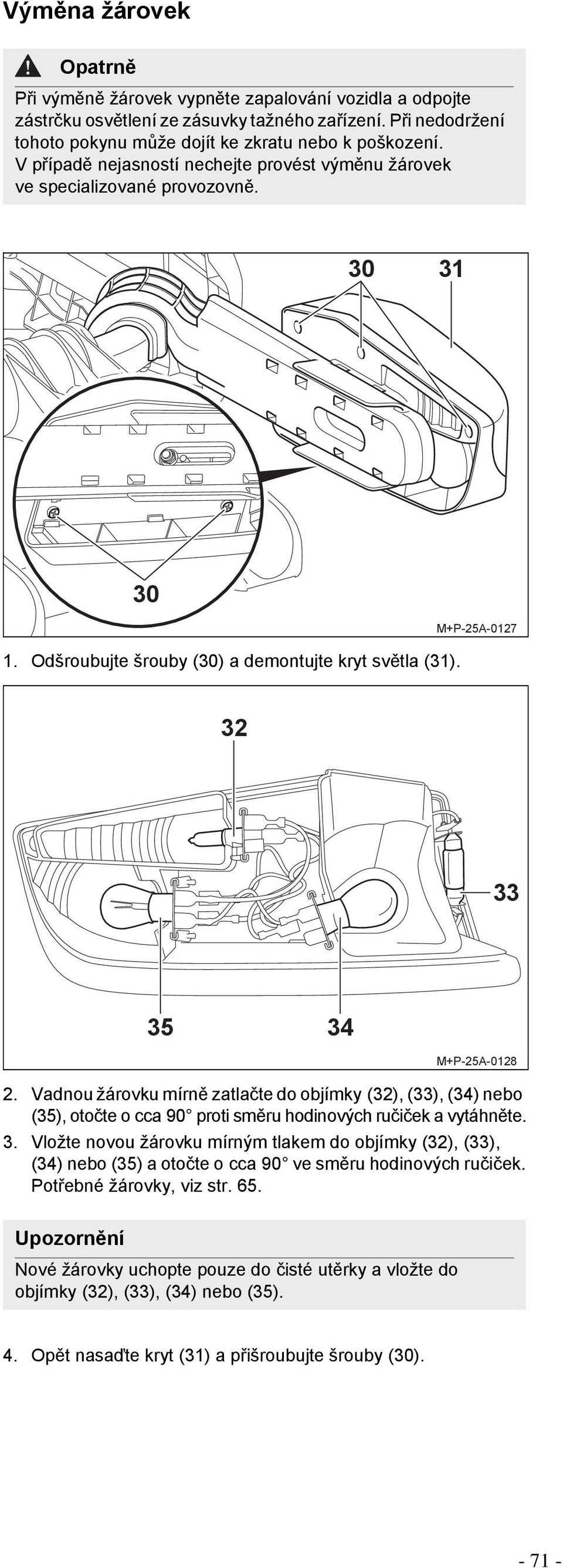 Vadnou žárovku mírně zatlačte do objímky (32), (33), (34) nebo (35), otočte o cca 90 proti směru hodinových ručiček a vytáhněte. 3.