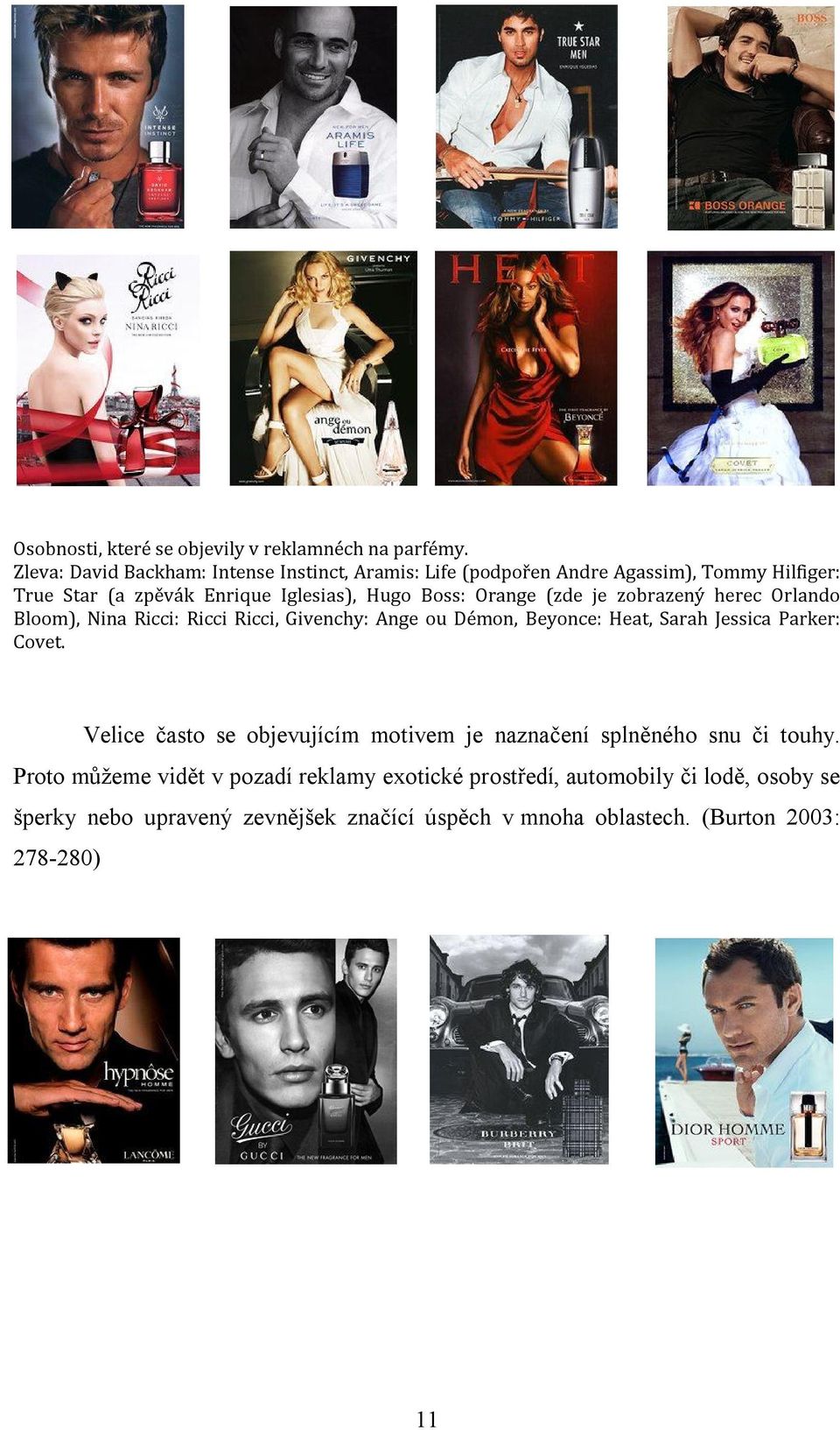 Orange (zde je zobrazený herec Orlando Bloom), Nina Ricci: Ricci Ricci, Givenchy: Ange ou Démon, Beyonce: Heat, Sarah Jessica Parker: Covet.